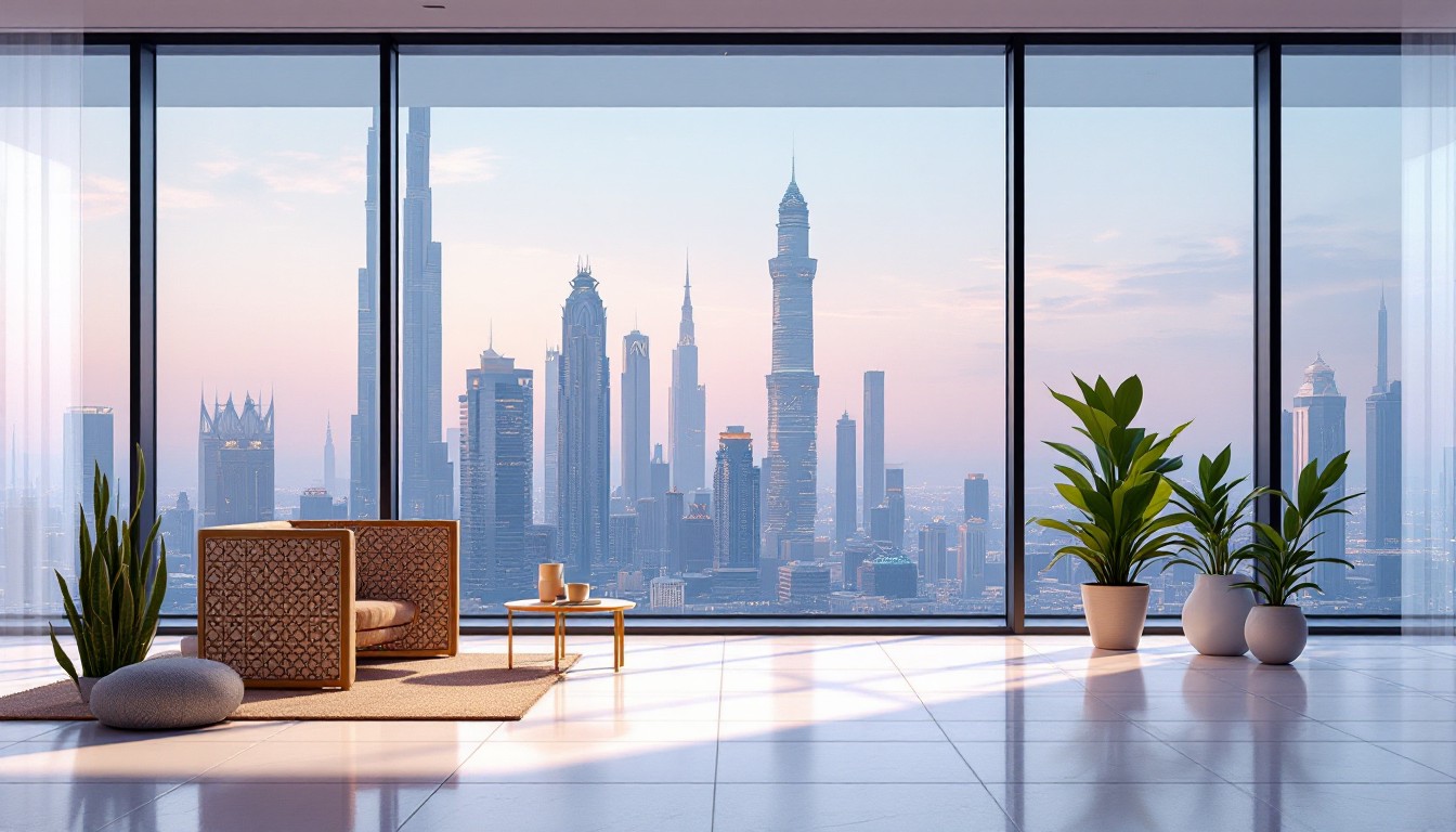 Modern Dubai office interior with floor-to-ceiling windows overlooking the city skyline