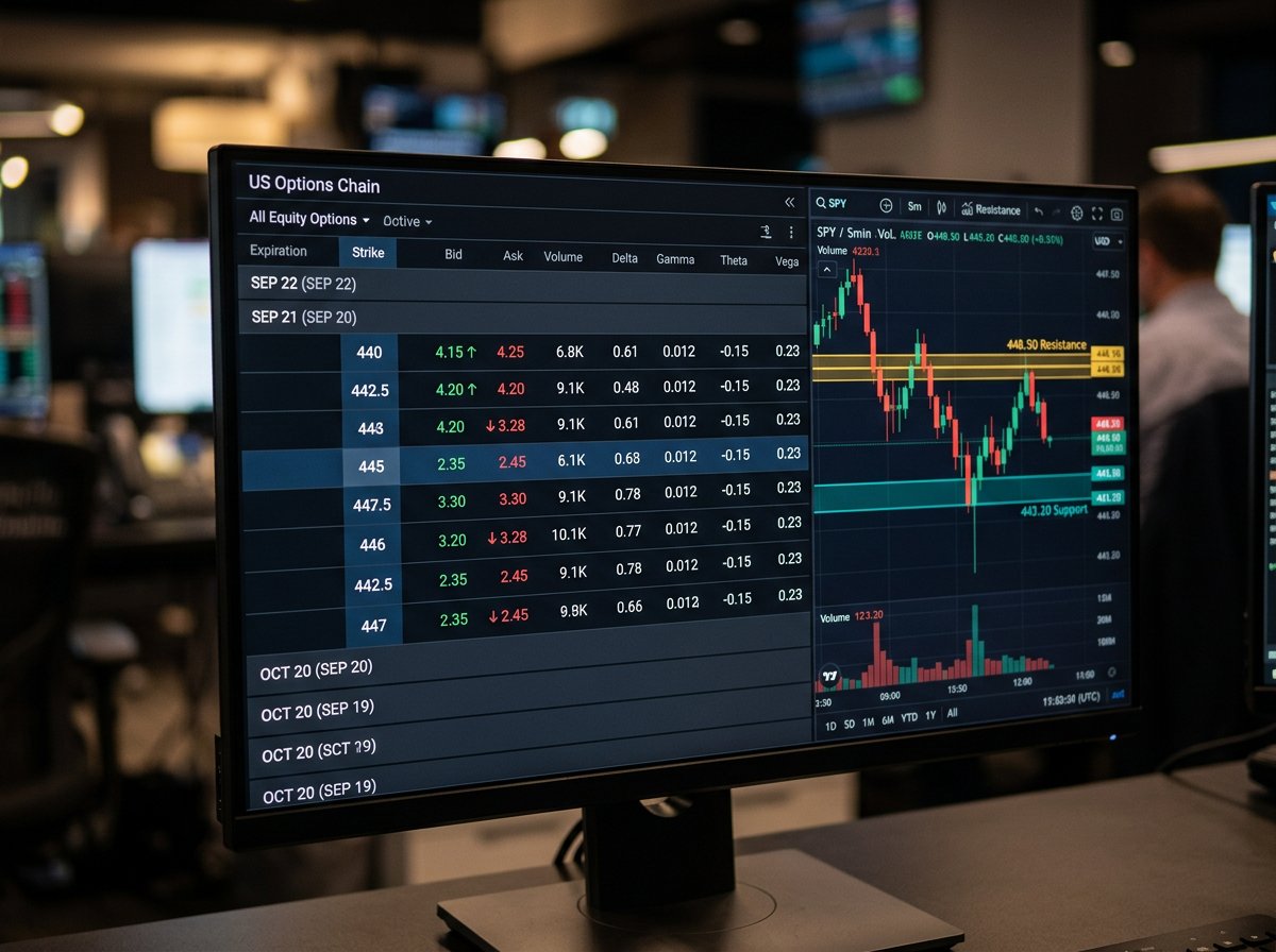 Trading monitor displaying a US options chain with strikes, bids, asks and a candlestick chart