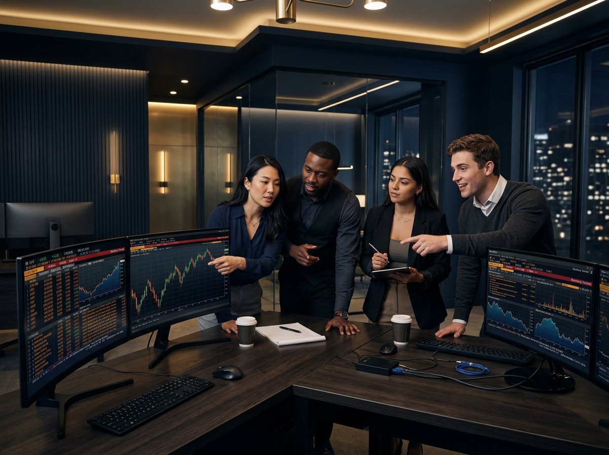 Team of traders collaborating around a trading desk with multiple monitors