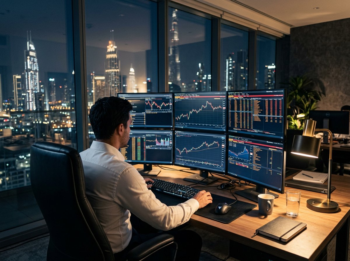 Trader at a six-monitor station with Dubai city lights through the window