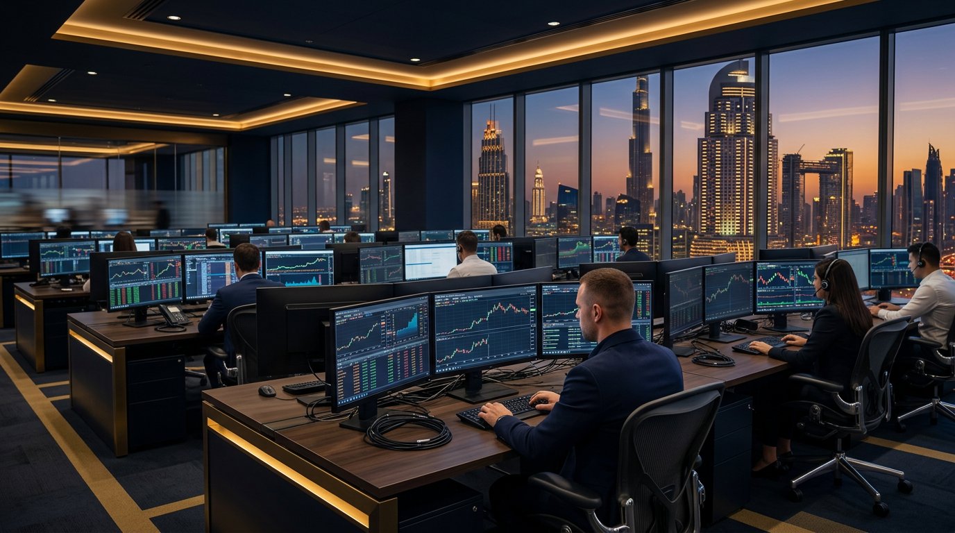 Dubai Trading Floor desk with multi-monitor trading stations overlooking the Business Bay skyline at dusk